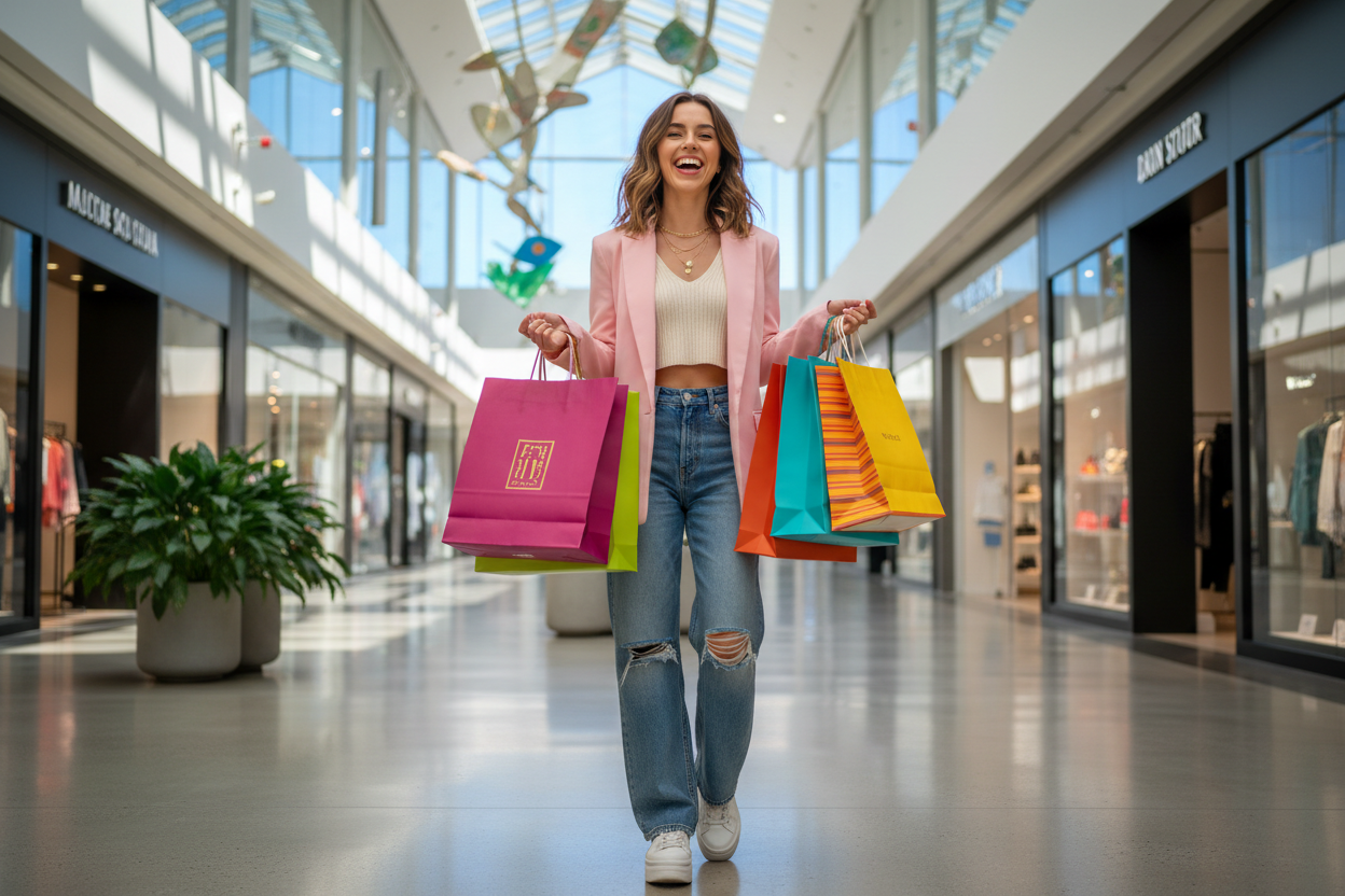 creame para mi tienda a una chica comprando con bolsas